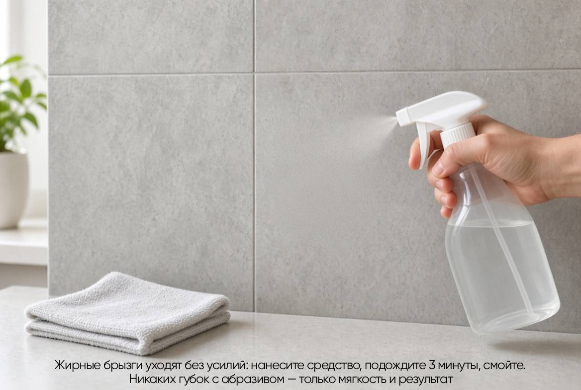 Никаких губок с абразивом — только мягкость и результат. Жирные брызги уходят без усилий: нанесите средство, подождите 3 минуты, смойте.